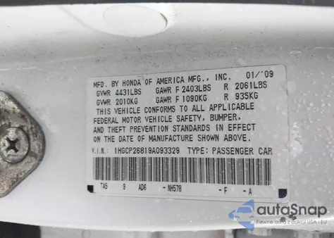 2009 Honda Accord 2.4 Ex-L z USA, uszkodzony, nr VIN 1HGCP26819A093329